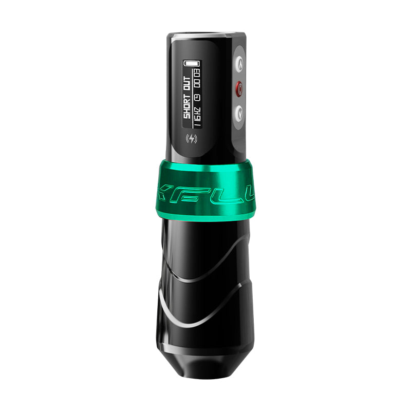 Close-up of FluxMax Wireless Pen Tattoo Machine in Green color with adjustable voltage control.