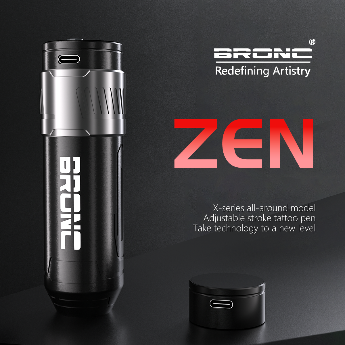 BRONC Tattoo Pen ZEN Short Wireless - Compact and precise tattooing tool from Bronc tattoo supply