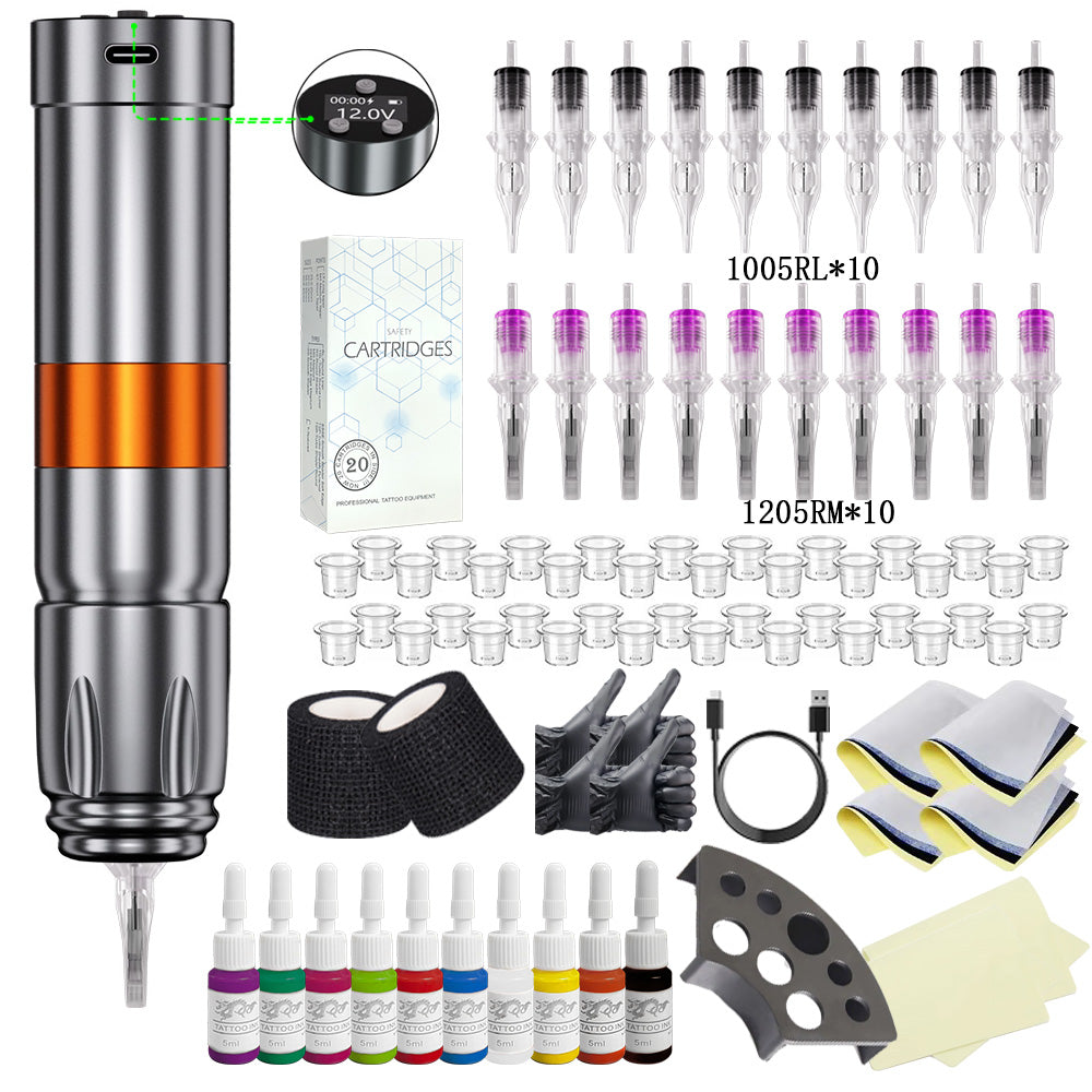 Professional tattoo kit featuring a V76 wireless tattoo pen, assorted cartridges, and essential accessories.