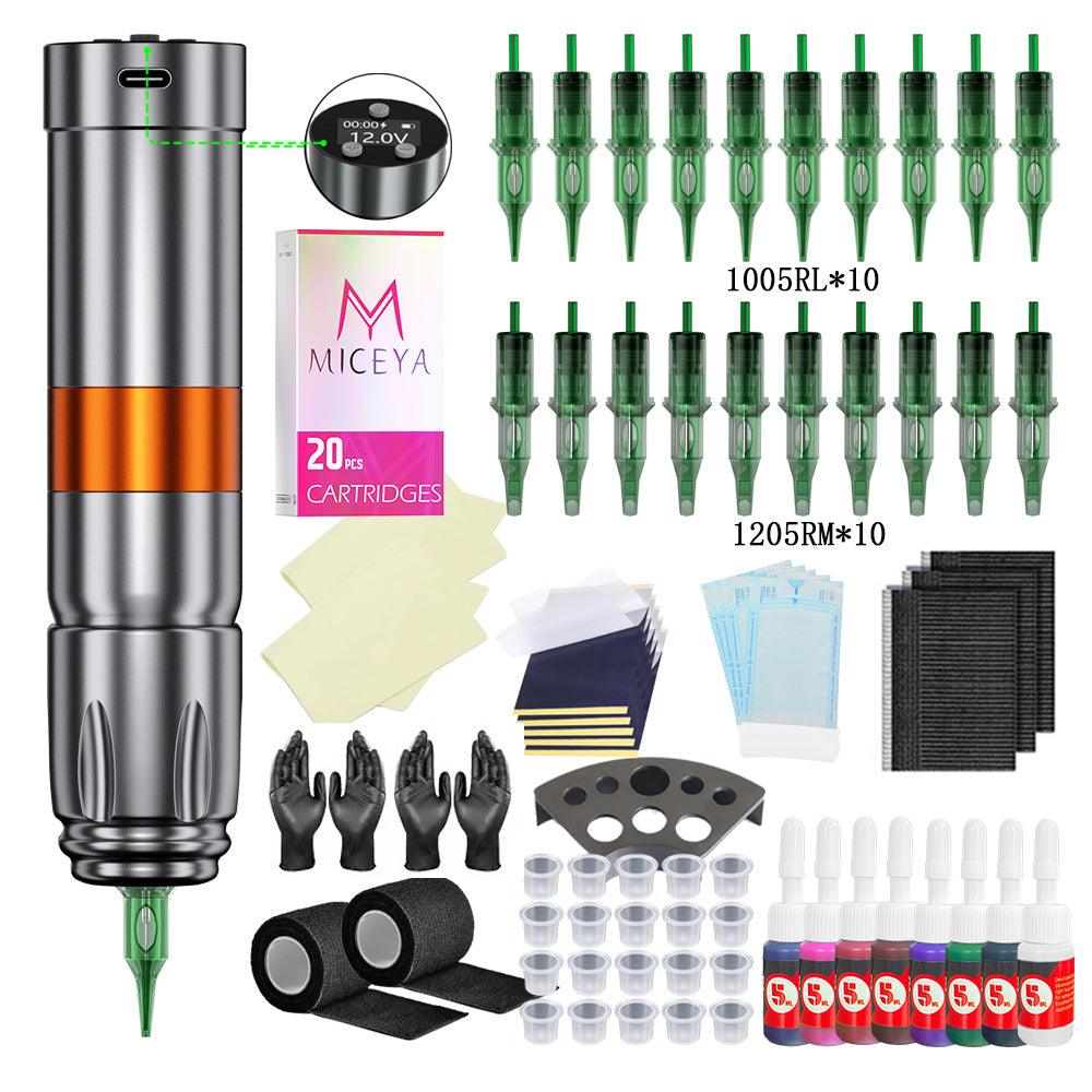 Professional tattoo kit featuring a V76 wireless tattoo pen, assorted cartridges, and essential accessories.