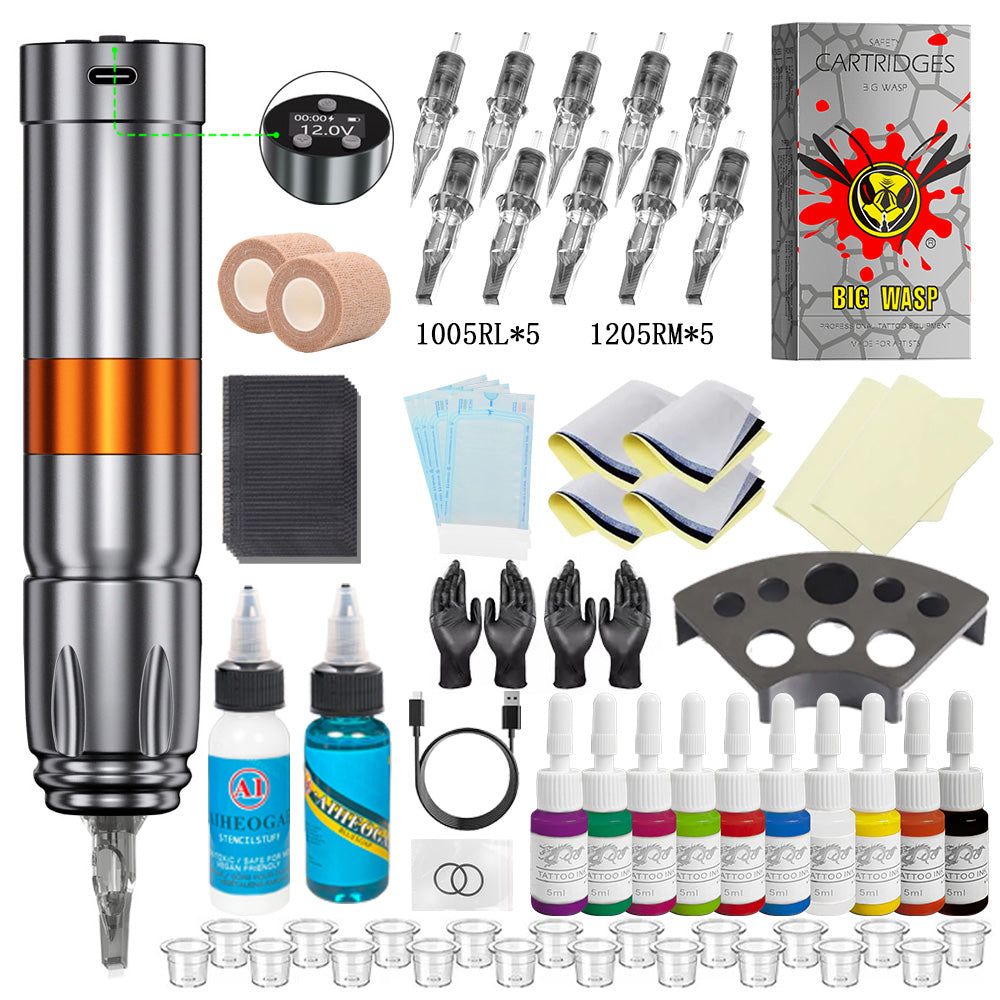 Professional tattoo kit featuring a V76 wireless tattoo pen, assorted cartridges, and essential accessories.