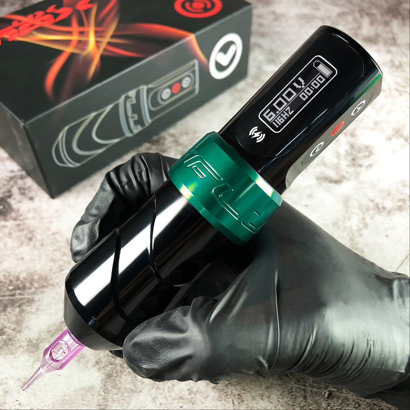 Close-up of FluxMax Wireless Pen Tattoo Machine in Green color with adjustable voltage control.