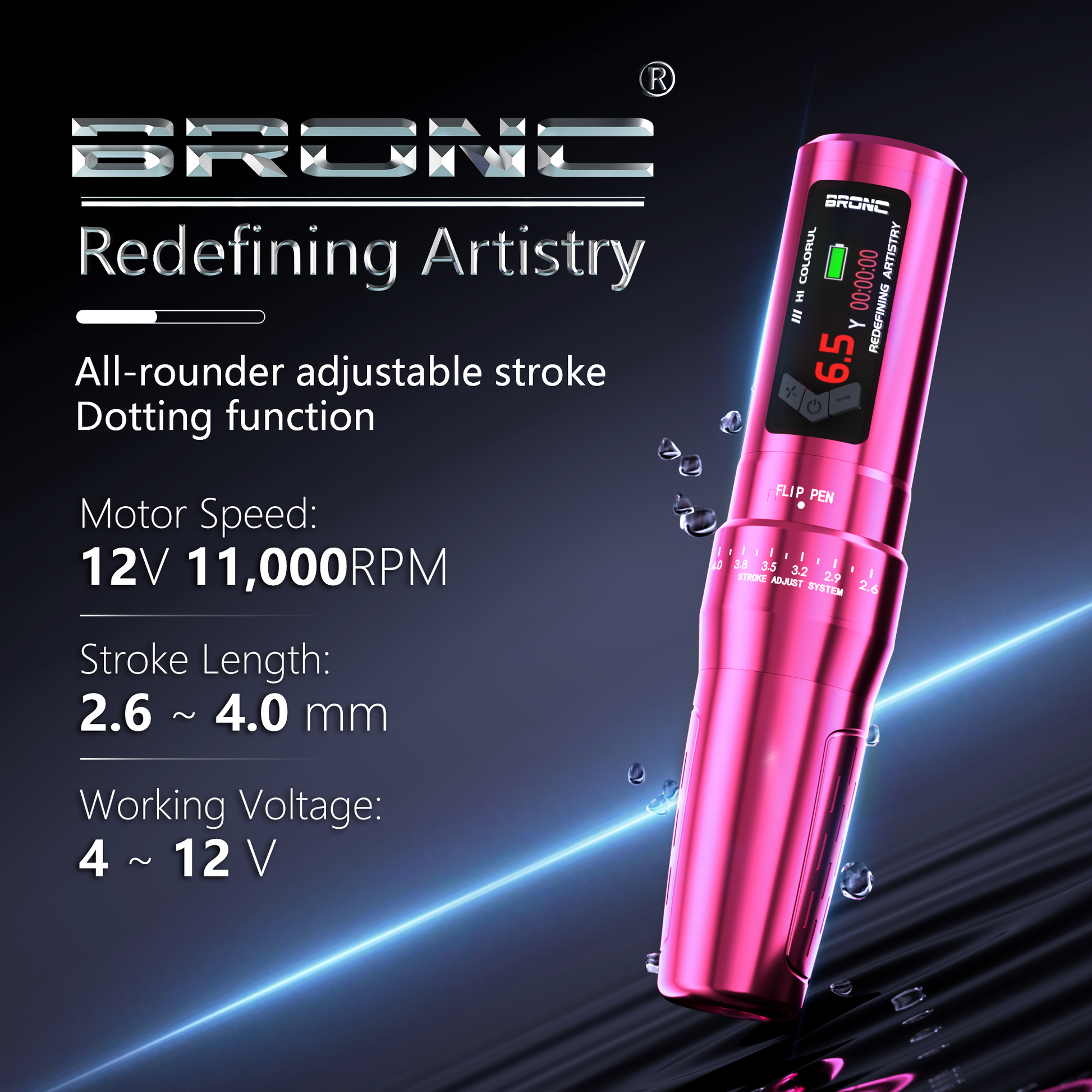 Adjustable wireless pen for SMP & tattoo with lightweight design, fast charging, variable voltage output, and overload protection.