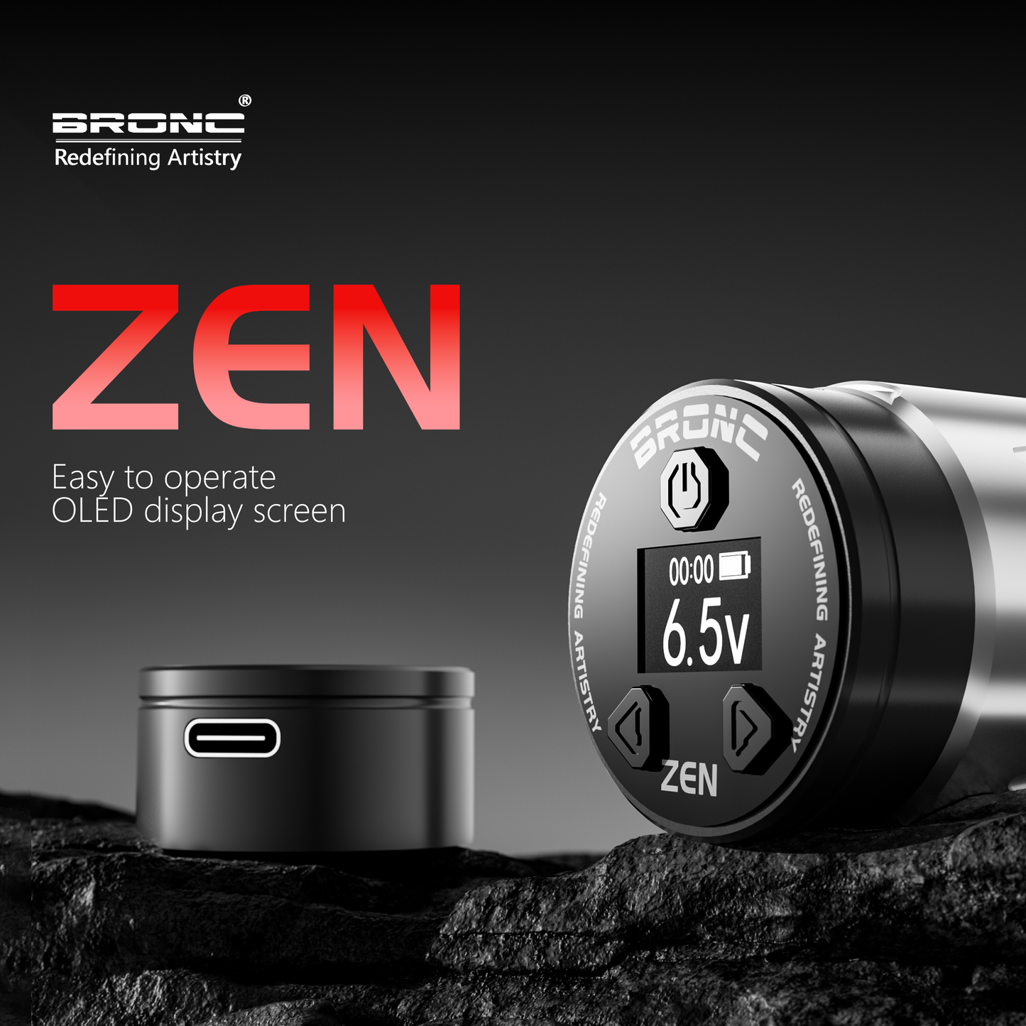 BRONC Tattoo Pen ZEN Short Wireless - Compact and precise tattooing tool from Bronc tattoo supply.