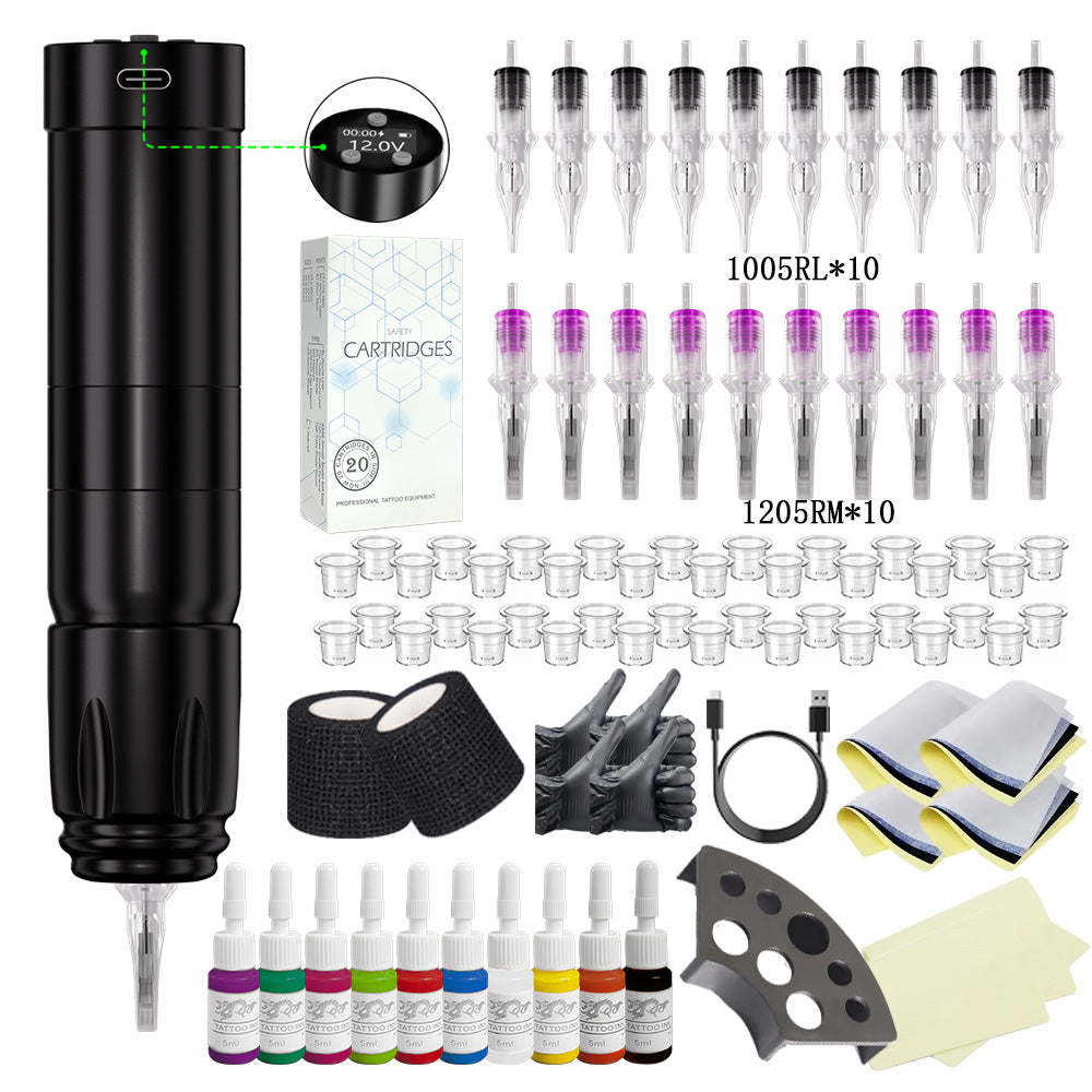 Professional tattoo kit featuring a V76 wireless tattoo pen, assorted cartridges, and essential accessories.