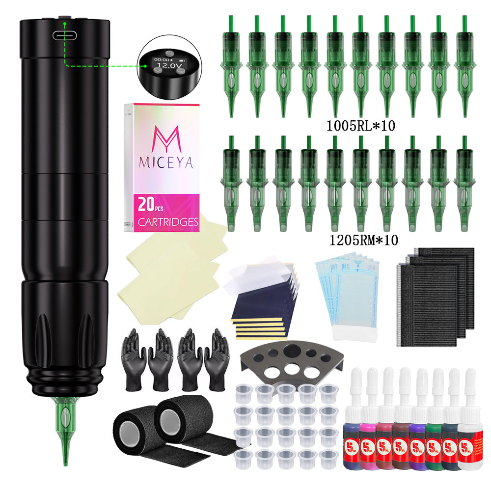 Professional tattoo kit featuring a V76 wireless tattoo pen, assorted cartridges, and essential accessories.