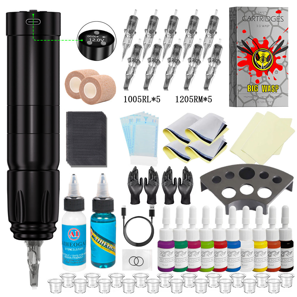 Professional tattoo kit featuring a V76 wireless tattoo pen, assorted cartridges, and essential accessories.