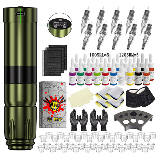 Professional tattoo kit featuring a V76 wireless tattoo pen, assorted cartridges, and essential accessories.