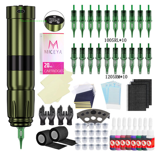 Professional tattoo kit featuring a V76 wireless tattoo pen, assorted cartridges, and essential accessories.