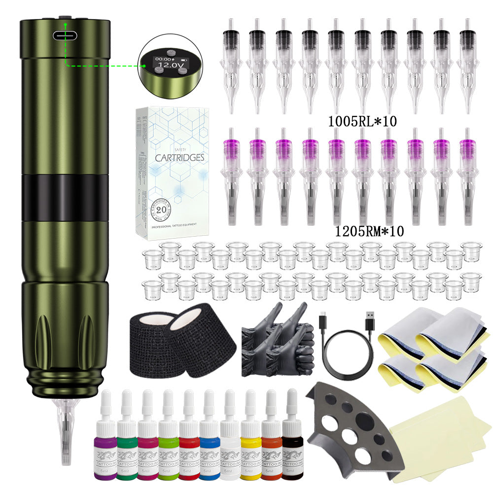 Professional tattoo kit featuring a V76 wireless tattoo pen, assorted cartridges, and essential accessories.