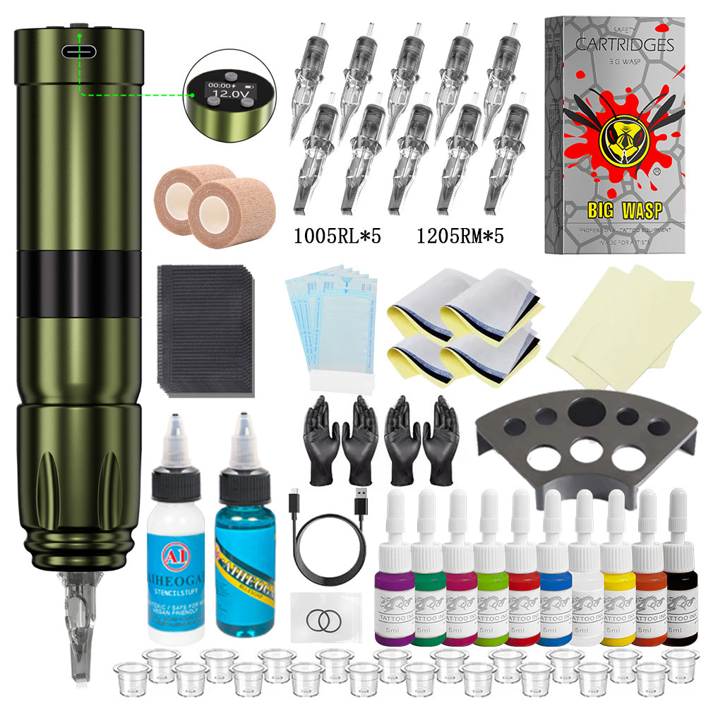 Professional tattoo kit featuring a V76 wireless tattoo pen, assorted cartridges, and essential accessories.