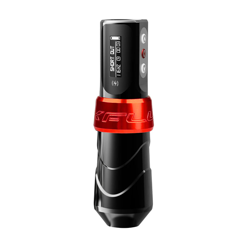 Close-up of FluxMax Wireless Pen Tattoo Machine in Red color with adjustable voltage control.